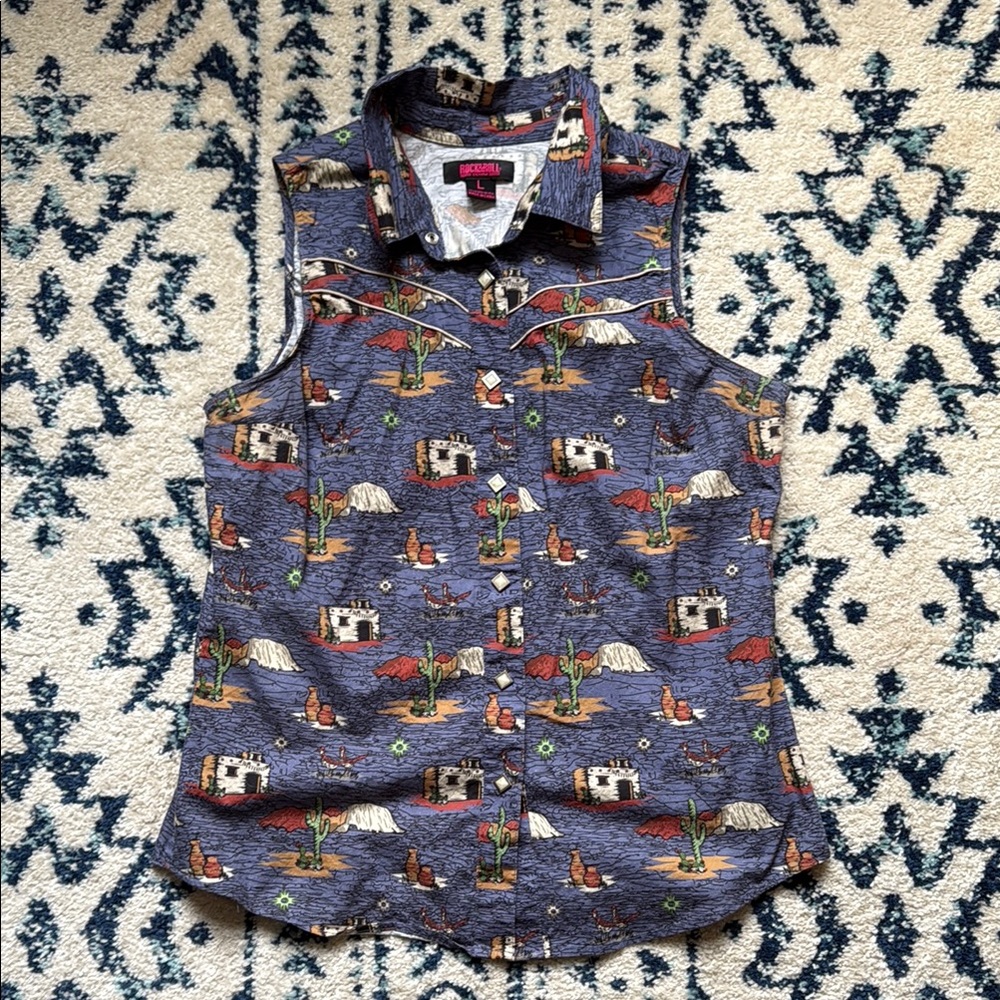 Rock & Roll Denim Sleeveless Western Print Shirt